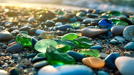 Obraz premium Colorful gemstones on the beach in the evening light