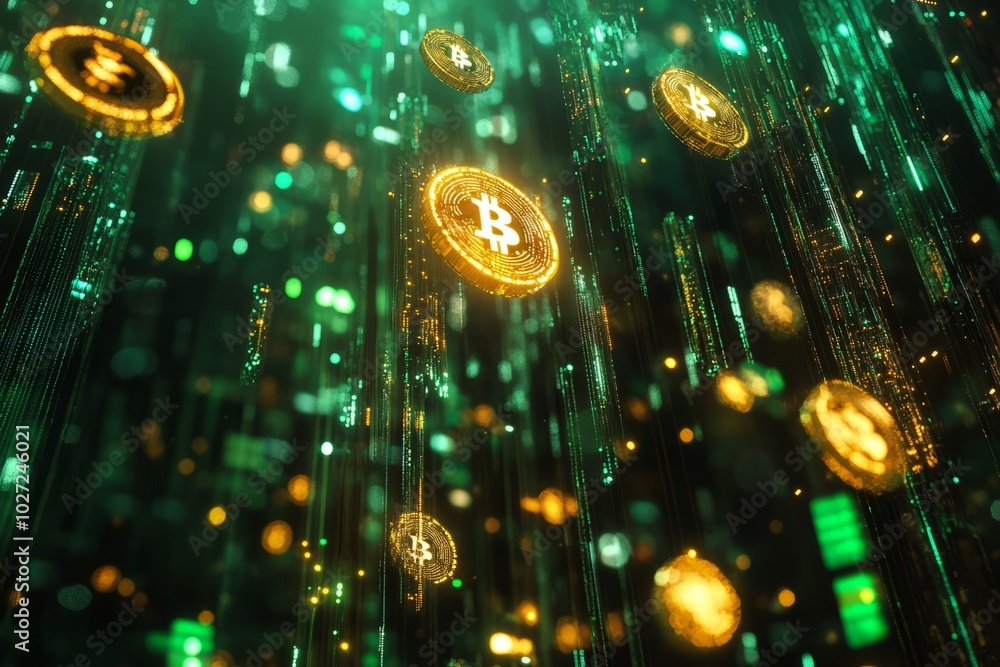 Sticker Golden Bitcoin and other cryptocurrency symbols falling through a digital space with green and yellow lights.