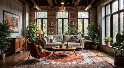 Stylish living room with industrial decor and greenery, warm atmosphere, and vintage furniture
