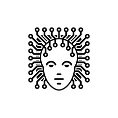 Ai Concept. Artificial intelligence icon, sign or emblem. Head with an electronic circuit in black and white a graphic line art style. Robot head as a processor for a board. Vector illustration