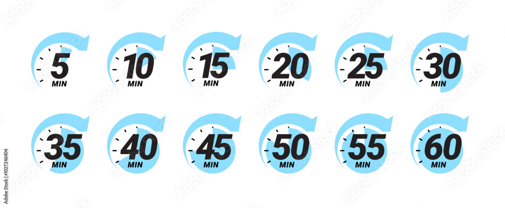 Wall mural minute timer icons set. color signs chronometer, time counter. countdown timer showing minutes. dead