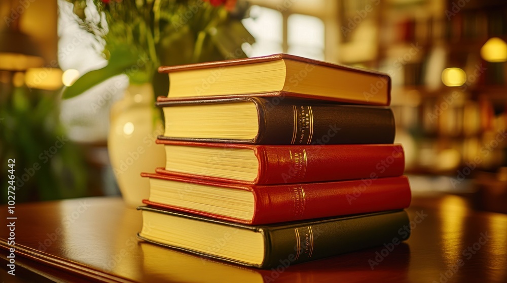 Poster A Stack of Five Hardback Books on a Wooden Table