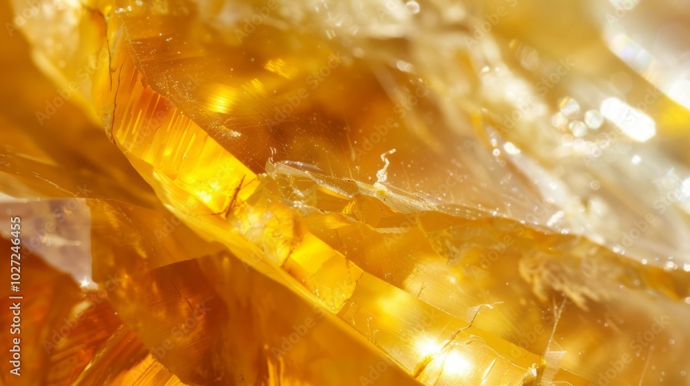 Poster golden crystal texture. close-up shot of translucent golden crystal facets with a light shining thro