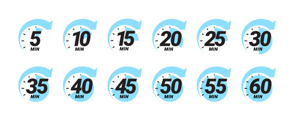 Minute timer icons set. Color signs chronometer, time counter. Countdown timer showing minutes. Deadline or recommended, measurement for cooking. Vector illustration
