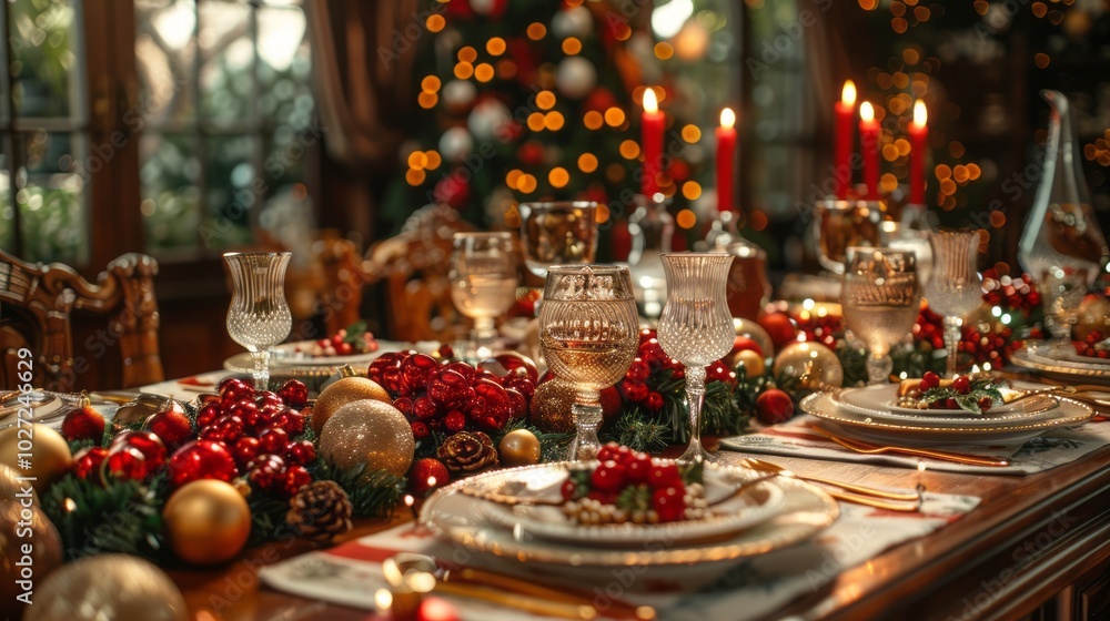 Poster A table is set for a Christmas dinner with a large tree in the background