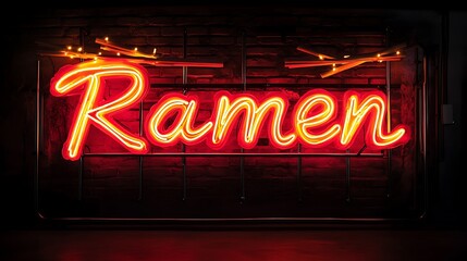 Fototapeta premium Bright Neon Ramen Sign Glowing in Red and Yellow
