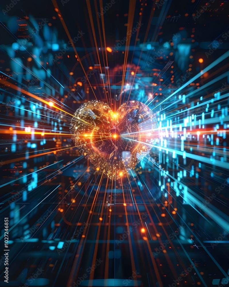 Poster pulsating heart of light quantum supercomputer visualization symbolizing future technology