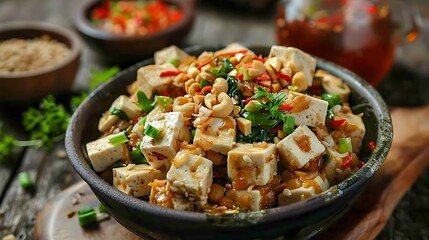 healthy food called kupat tahu is made from tofu rice cake peanut sauce and vegetables mixed into one good for vegan
