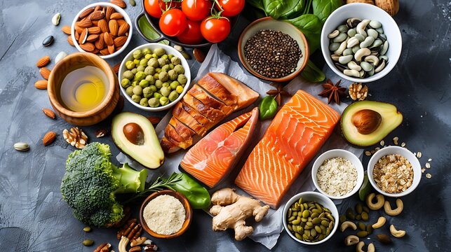 Healthy eating for well balanced diet and heart care overhead view of a group of food rich in healthy fats