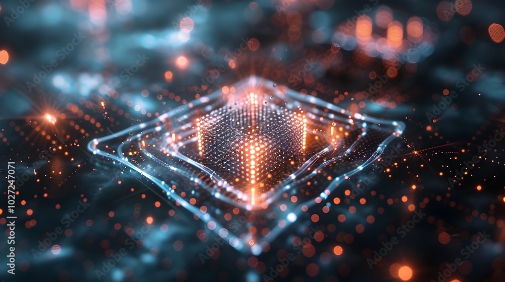 Poster quantum computing visualized as organic pulsing organism with qubits cells