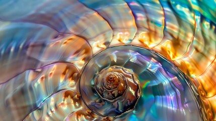 Iridescent shell spiral. Close up of a seashell's iridescent interior, showcasing its natural beauty, intricate spiral pattern, and vibrant colors.