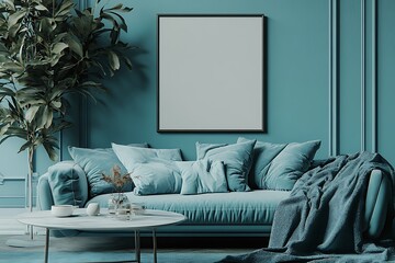 Cozy blue living room with a blank frame for art.