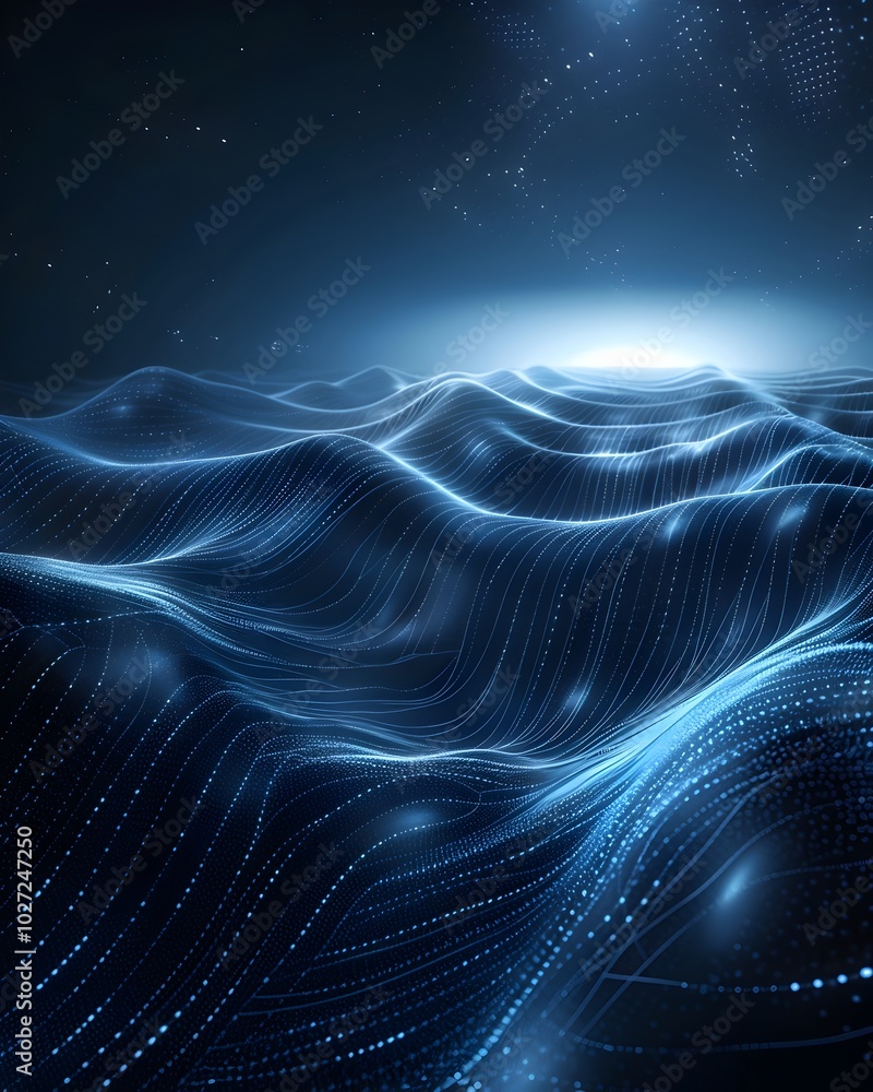 Poster quantum computer visualized as an endless ocean of luminous quantum waves