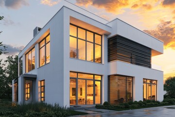 Elegant white concrete house with large windows, black wood slats, and gray metal accents, bathed in warm sunset light