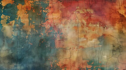 Obraz premium Abstract art wall. Colorful abstract art with paint splatter, cracks, and weathered texture. Great for vintage and modern designs.