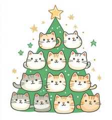 Cute cartoon cats arranged in a Christmas tree, featuring festive colors and a star on top, perfect for holiday themes.