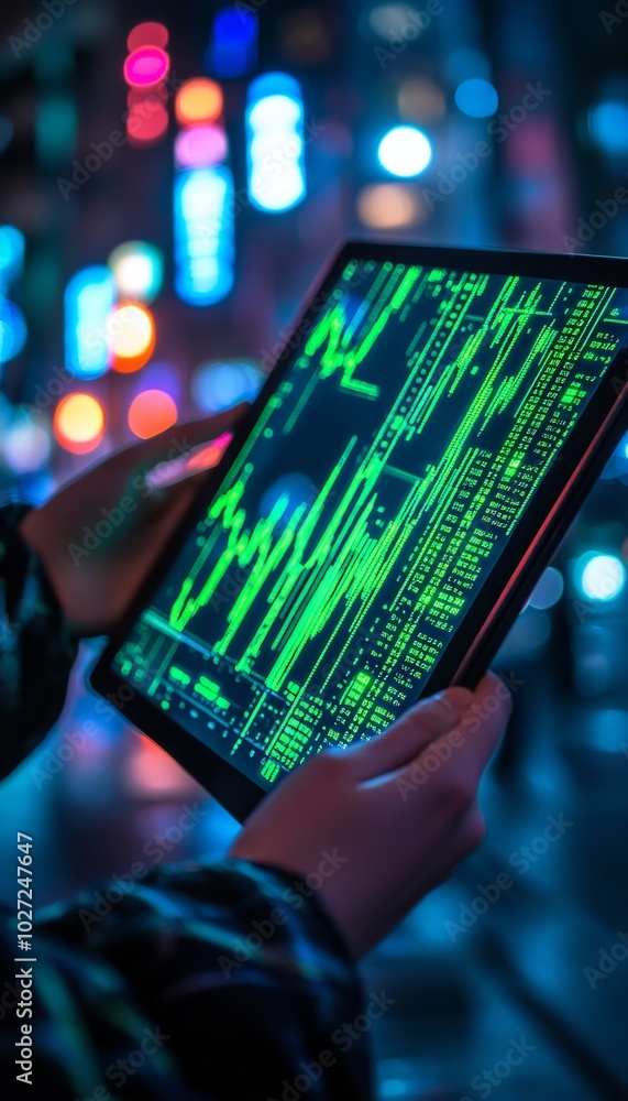 Canvas Prints Hands holding a tablet with a stock market graph on the screen in a city at night.