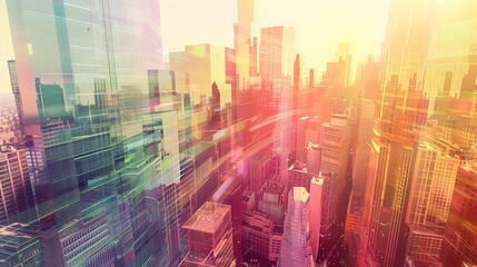 Fototapeta premium Digitally Sculpted Cityscape with Flowing Patterns and Colors Symbolizing Art Infused Urban Design