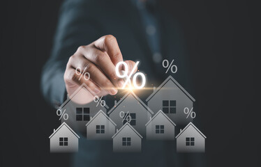 Real estate investment concept. Businessman with house icon and percentage symbol for analyzing...