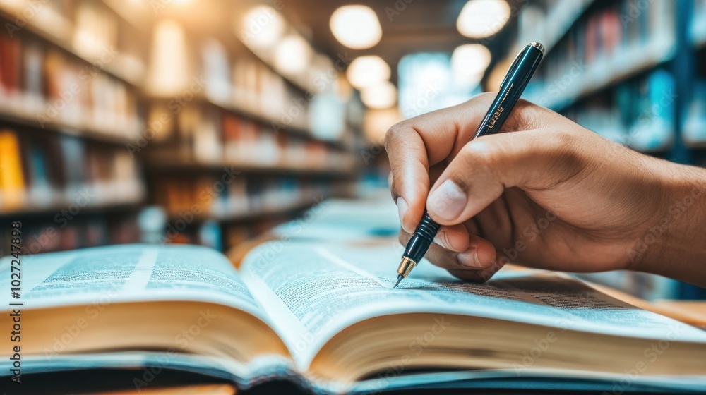 Poster close-up of a hand holding a pen over an open book in a library