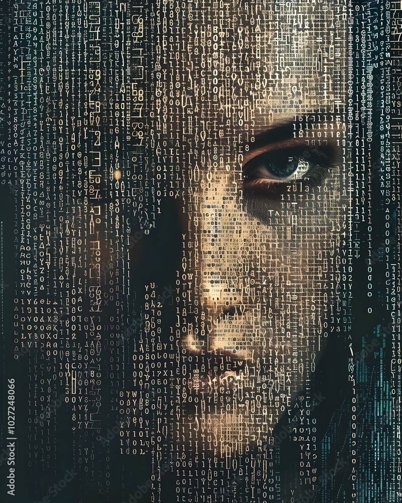 Poster digitally composed portrait embodying the intersection of data and human expression