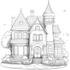 Detailed illustration of a whimsical house with turret, featuring intricate architecture and surrounded by nature.