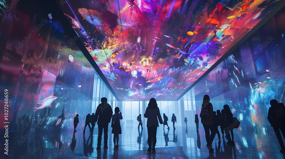 Poster vibrant digital fresco adorns the ceiling of a modern building blending tradition and technology in 
