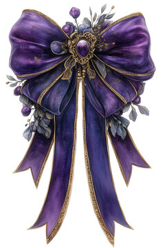 Nostalgische violette Doppelschleife mit Goldrand und Brosche und Blumen verziert, aufwendig gestaltet