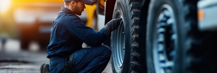 A mechanic in uniform kneels to change a large vehicle tire outdoors. The image highlights his focused effort and technical skill, symbolizing hard work and determination.