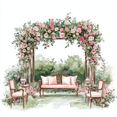 Elegant outdoor seating surrounded by blooming roses, perfect for weddings and romantic gatherings in a lush garden setting.