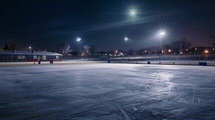 Obraz premium Hockey stadium at night spotlights empty sport rink hockey stadium at night under the moonlight empty field wide angle sport