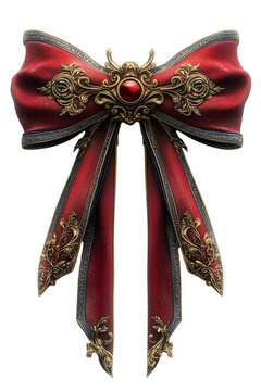 Aufwendig gestaltete festliche rote Schleife mit Brosche und Gold Ornamenten im nostalgischen Stil