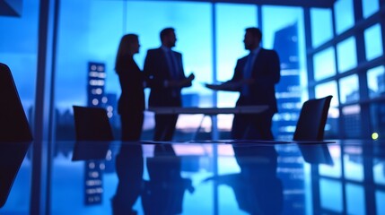 A group of business partners standing around a table, discussing investment strategies with a focus on collaboration