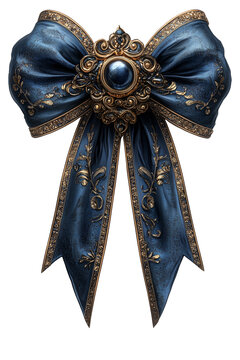 Blaue Dekoschleife mittelerlterlich mit godener Bord&uuml;re und aufwendiger Brosche