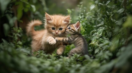 Obraz premium A kitten and puppy playing together in a lush green garden, captured in a joyful moment