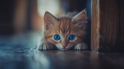 A kitten with blue eyes looking curiously into the camera, soft lighting and shallow depth of field