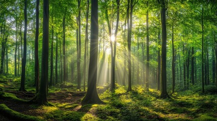 Fototapeta premium A lush forest landscape with sunlight filtering through the trees, symbolizing the beauty of untouched nature