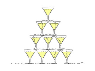 slide of champagne, a fountain of champagne, pyramid of champagne, cascade martinis,alcohol,cocktails. continuous one line art hand drawing sketch, logo