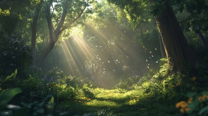 Obraz premium A lush forest landscape with sunlight filtering through the trees, symbolizing the beauty of untouched nature