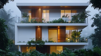Evening fog enhances the warm glow from a modern house with white walls, wood accents, and lush balcony greenery