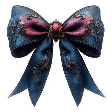 Dekoschleife in blau und roten Farbt&ouml;nen mit Brosche und Ornamenten