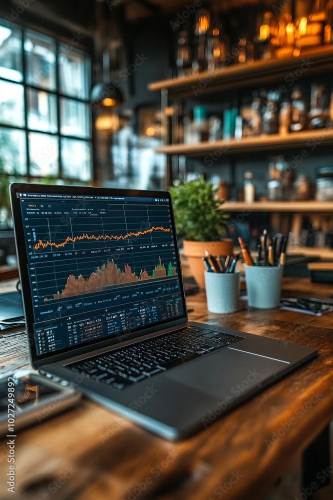 Sticker Laptop with financial chart on a wooden desk in a modern office.