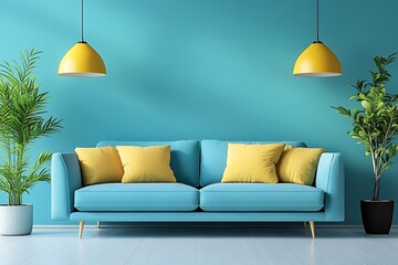 Bright living room with a blue sofa and yellow accents.