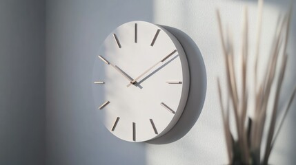 White Wall Clock with Wooden Hands and a Blurry Plant in the Foreground