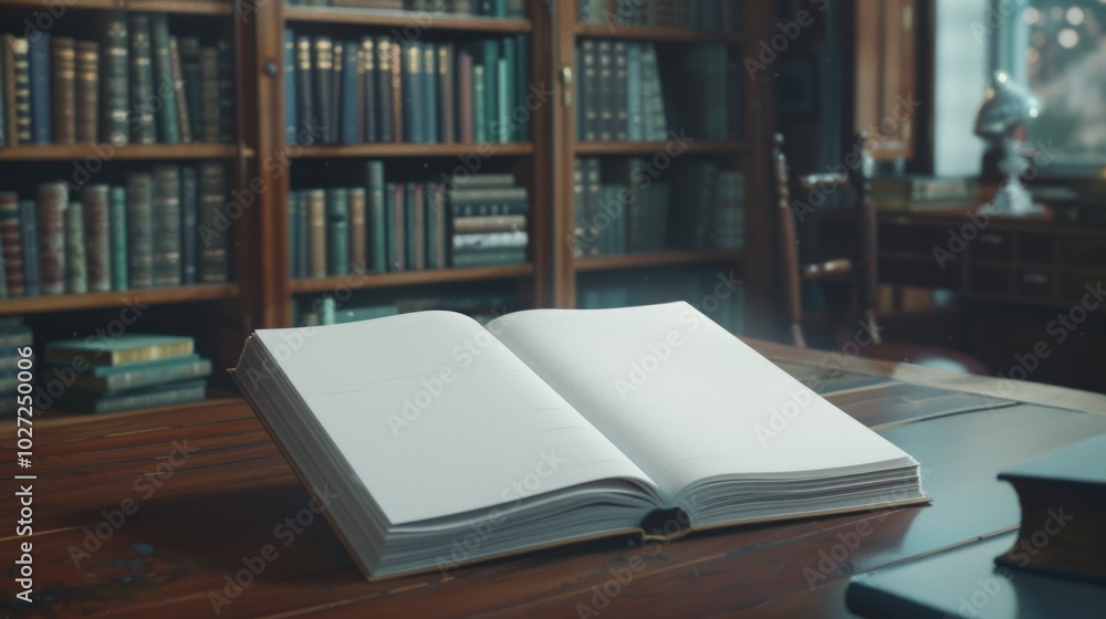 Poster open book library. blank book on wooden table with bookshelves in background. ready for writing, lea