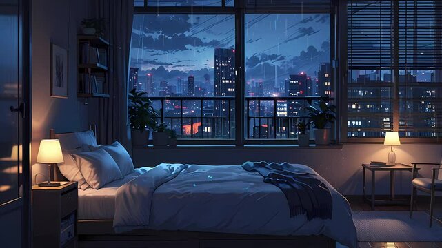 relaxing lofi with bedroom rain on the window created with generative ai