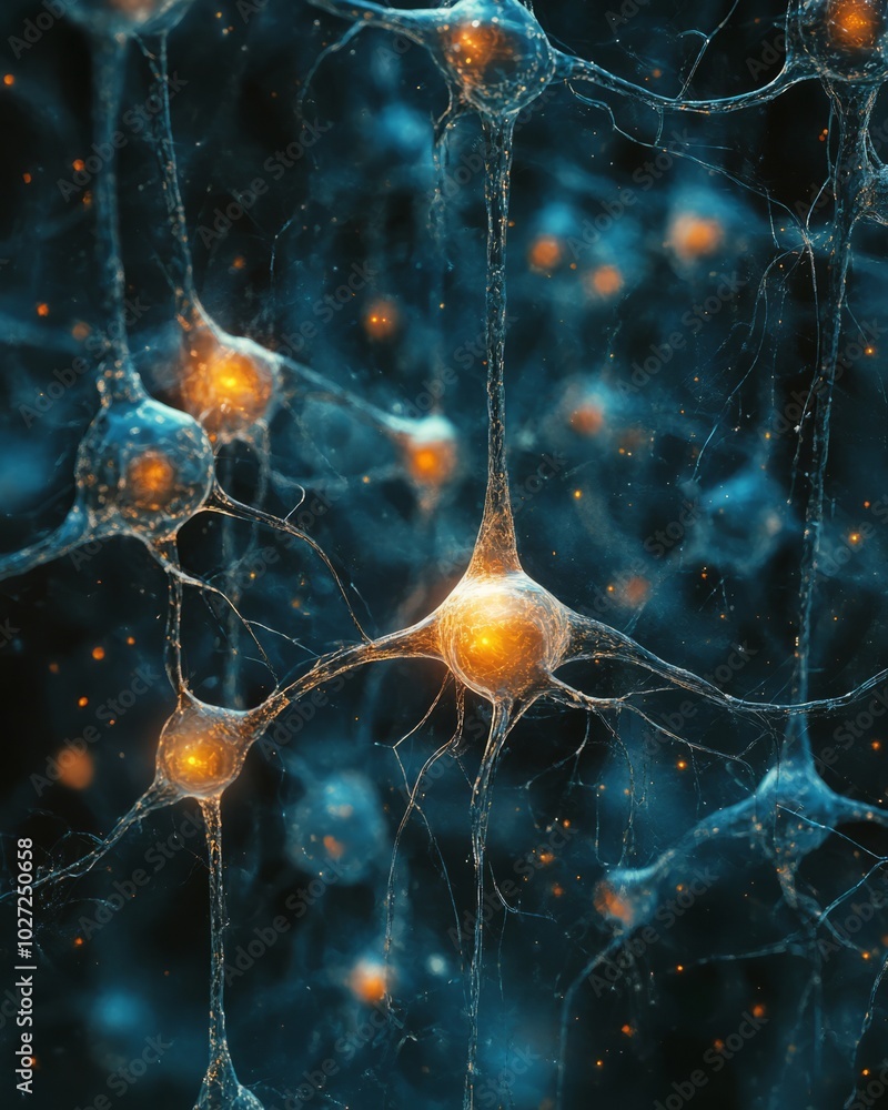 Sticker Microscopic view of interconnected neurons with glowing synapses.