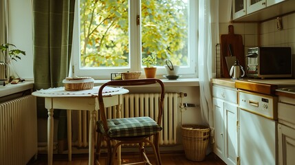 Kitchen scene with white table wooden chair and green cushion cozy home with wisker basket on floor and heating battery under big window