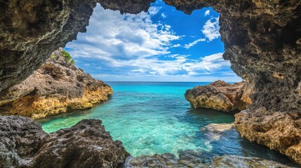 Fototapeta premium Serene Seascape View from Rocky Cave