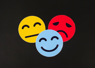 emoji cards happy smiling, flat expression and sad face, Concept of mood swings, depression, bipolar, customer satisfaction